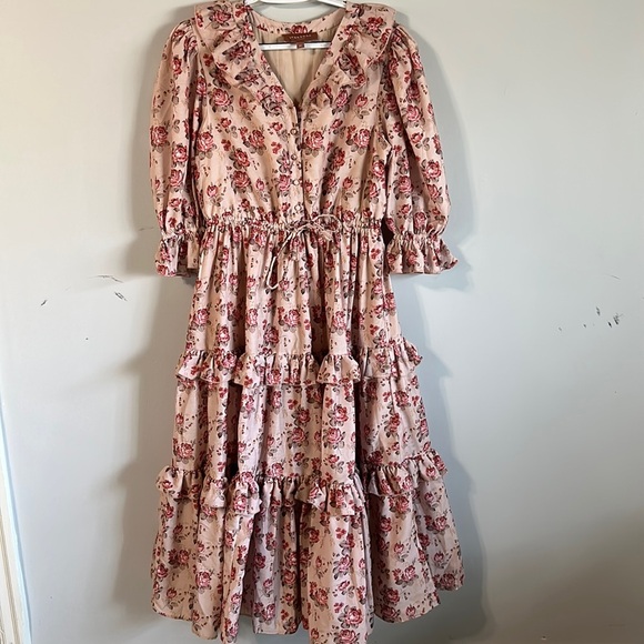 JessaKae Dresses & Skirts - Jessakae Collection Midi Blush Ruffle Flower Vintage Drawstring Waist Dress